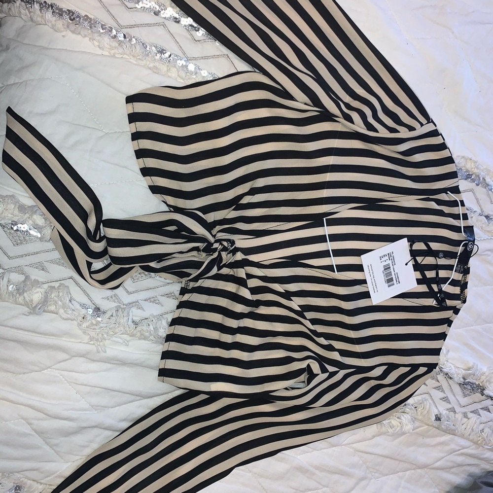 Black nude striped tie front crop top